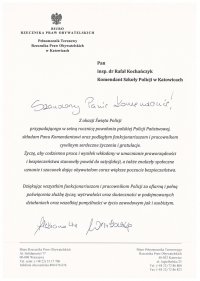 Życzenia z okazji obchodów 100. rocznicy powstania Policji Państwowej i 20-lecia istnienia Szkoły Policji w Katowicach od Pełnomocnika Terenowego Rzecznika Praw Obywatelskich w Katowicach Aleksandry Wentkowskiej