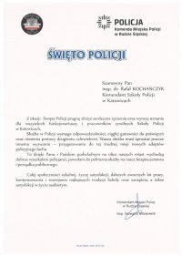 Życzenia z okazji obchodów 100. rocznicy powstania Policji Państwowej i 20-lecia istnienia Szkoły Policji w Katowicach od Komendanta Miejskiego Policji w Rudzie Śląskiej insp. Grzegorza Strzęciwilka